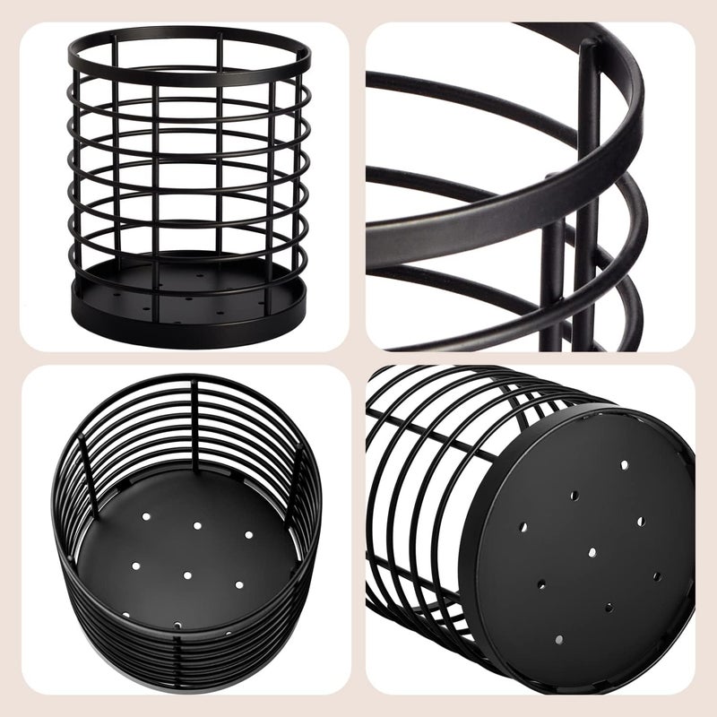 WDT Tool Utensil holder for Kitchen Counter - 5.2" x 5.2" x 6" Large Round Utensils Holder with Wooden Base Matte Black Cooking Utensil Holder，Kitchen countertop Utensil Organizer (Metal) - Image 2